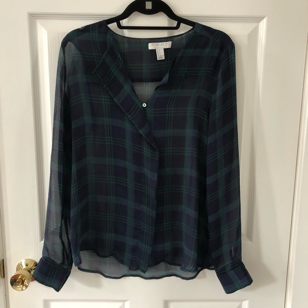 Sheer blue and green plaid blouse from Forever21